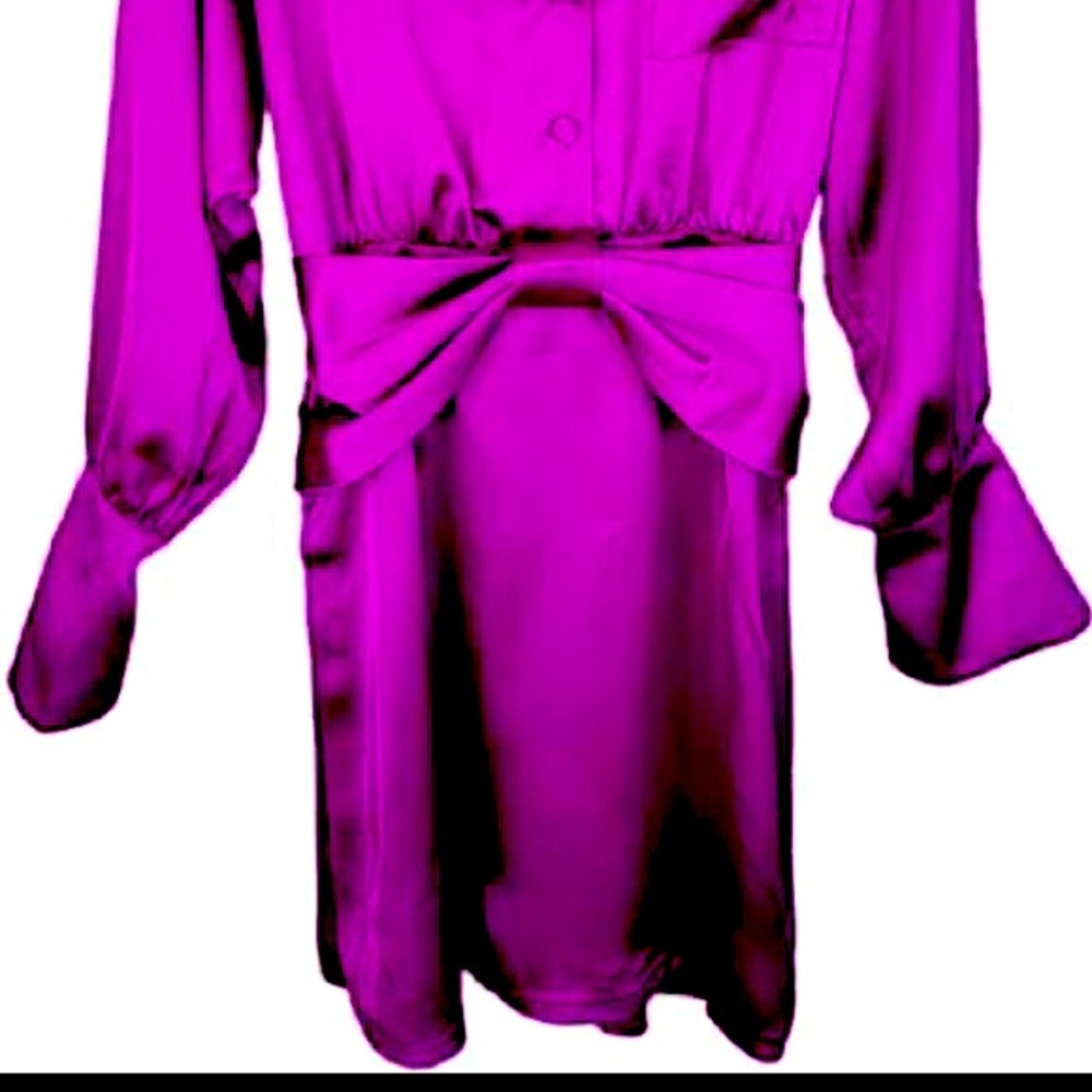Ellae Lisque Purple Satin Long Sleeve Side Slits Bow Front Dress Women's size XL